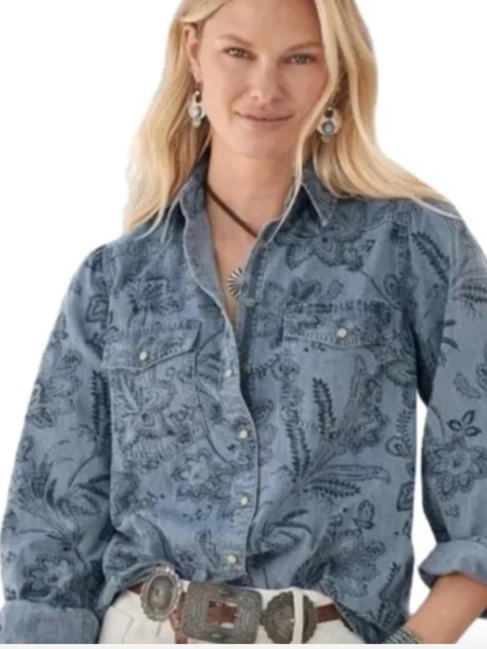 Sundance Floral Fountains Floral Denim Top Pearl Snaps